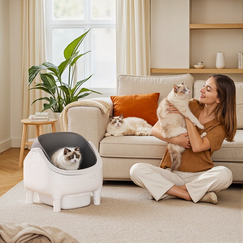 Homall Automatic Self-Cleaning Cat Litter Box – Large Open-Top Design for Multi-Cat Families, Integrated Safety Protection, Includes Trash Bags, Gray