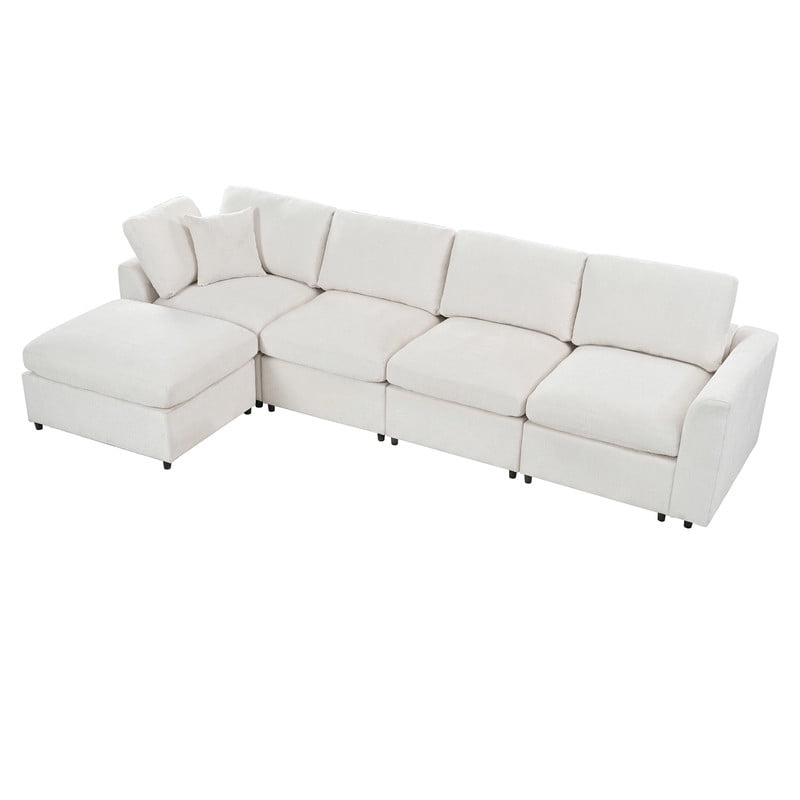 L-Shaped Modular Sectional Sofa, 4-Seater Chenille Couch with Movable Ottoman, Deep Seat Modern Sofa with Solid Wood Frame, 1 Throw Pillow for Living Room & Apartment