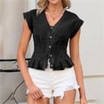 thumbnail image 6 of Holzkary Women's Denim Vest Tops Trendy 2026 Cap Sleeve Deep V Neck Button Down Y2K Fitted Pleated Sleeveless Jean Vest Tops for Women Classic Summer Crop Waistcoat Jacket Denim Tops Black S, 6 of 8
