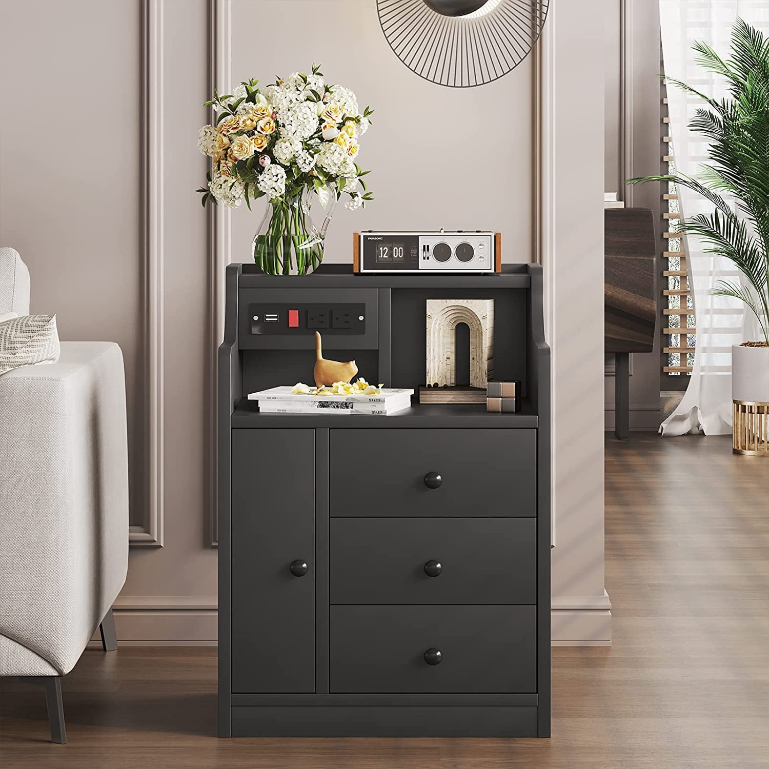 Nightstand with Charging Station and 3 Storage Drawers,Modern