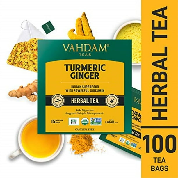 vahdam, turmeric + ginger powerful superfood herbal tea, 100 count