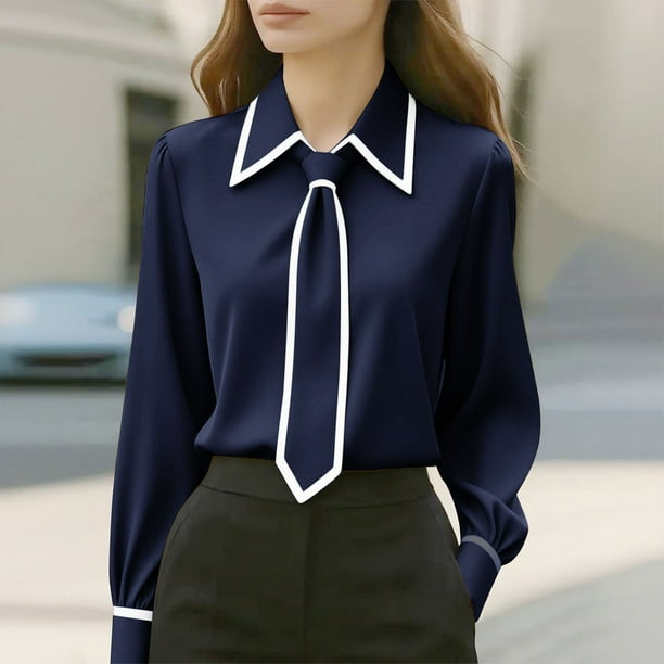 Ounisa Women's Bow Tie Neck Long Sleeve Buttton Cuff Chiffon Elegant Blouse