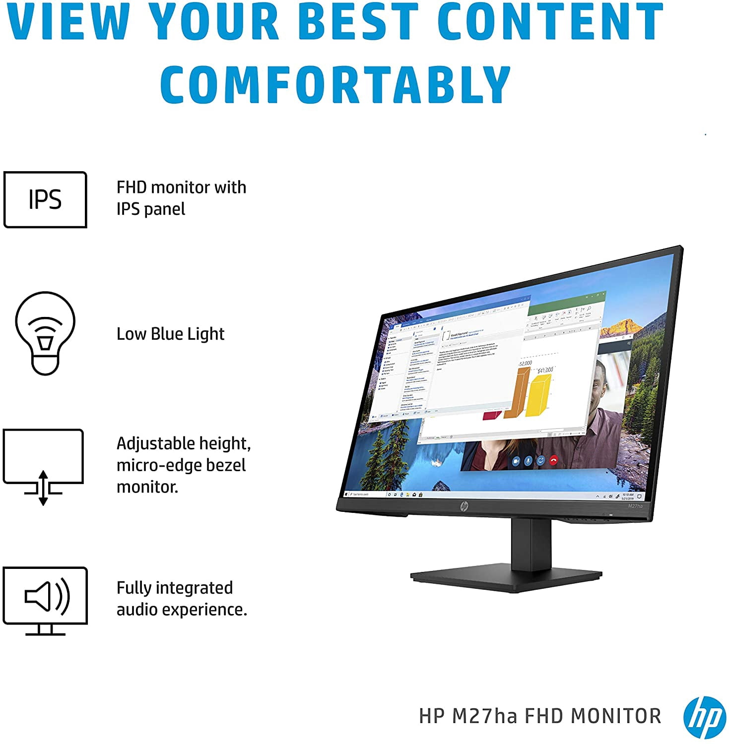 HP M27ha 27"FHD Monitor IPS Panel and Built-in Audio - 22H94AA#ABA
