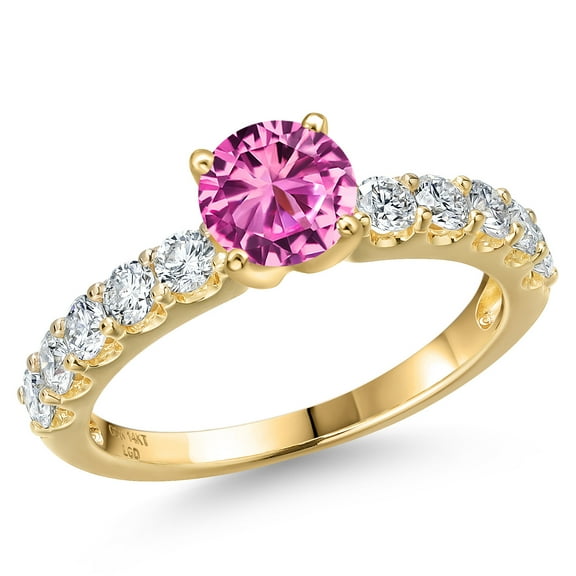 Gem Stone King 14K Yellow Gold Pink Created Sapphire and Lab Grown Diamond Engagement Ring for Women | 1.20 Cttw | Round 5MM | Gemstone September Birthstone | Size 6