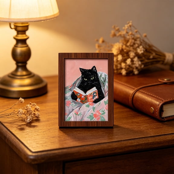 Roiihwy 6 Styles Reading Cats Mini Framed Wall Art Decor, Colorful Floral Print Small Wooden Picture Frame, 2.4x1.8x0.4in Multicolor