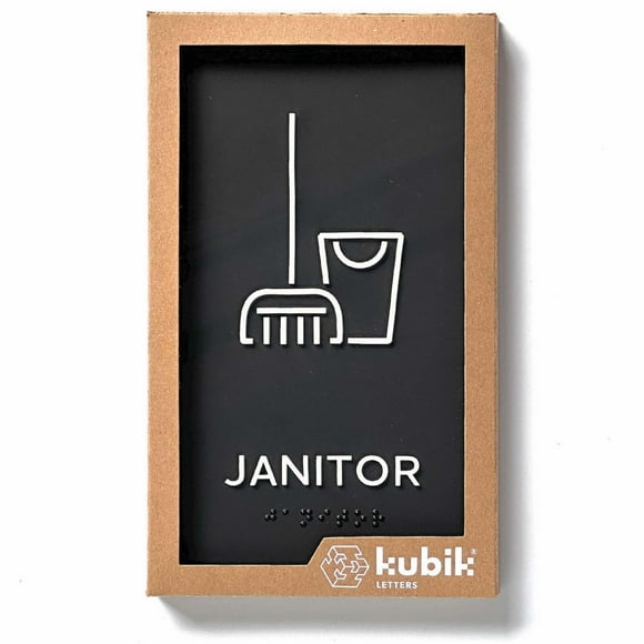 Kubik Letters Janitor Sign, ADA Compliant Modern Design Door Sign with Grade 2 Braille for Janitor Closet Area with 3M Double Sided Tape