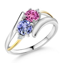 Gem Stone King 925 Silver and 10K Yellow Gold Pink Created Sapphire Blue Tanzanite and White Lab Grown Diamond Two Stone Crossover Ring for Women (1.03 Cttw, Size 9)