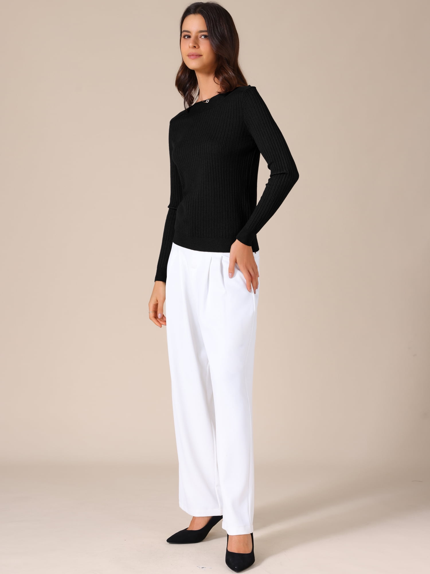 DARING DIVA Women's Boat Neck Long Sleeve Ribbed Sweaters S Black