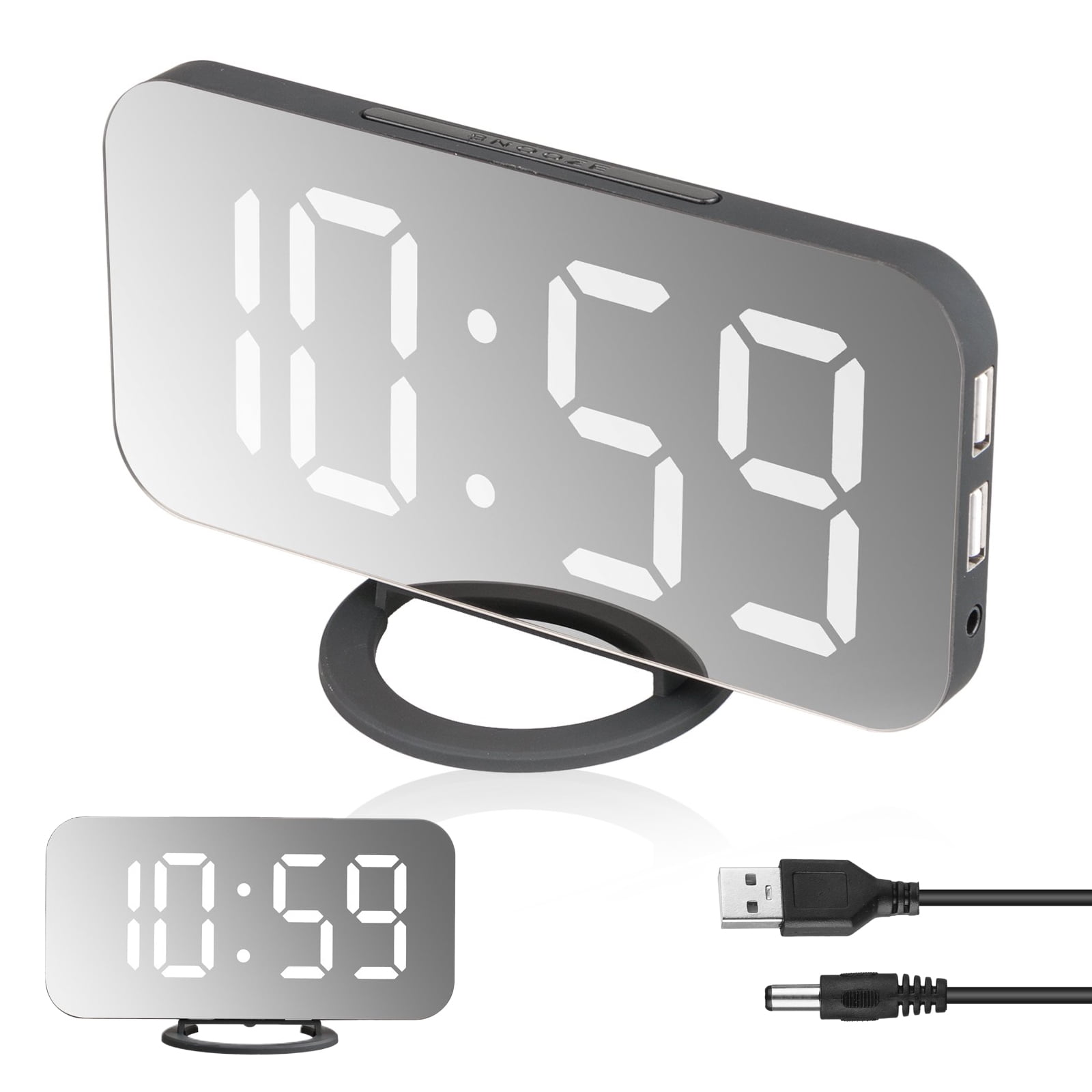 Digital Alarm Clock 7 LED Mirror Electronic Display With USB Charger T62 