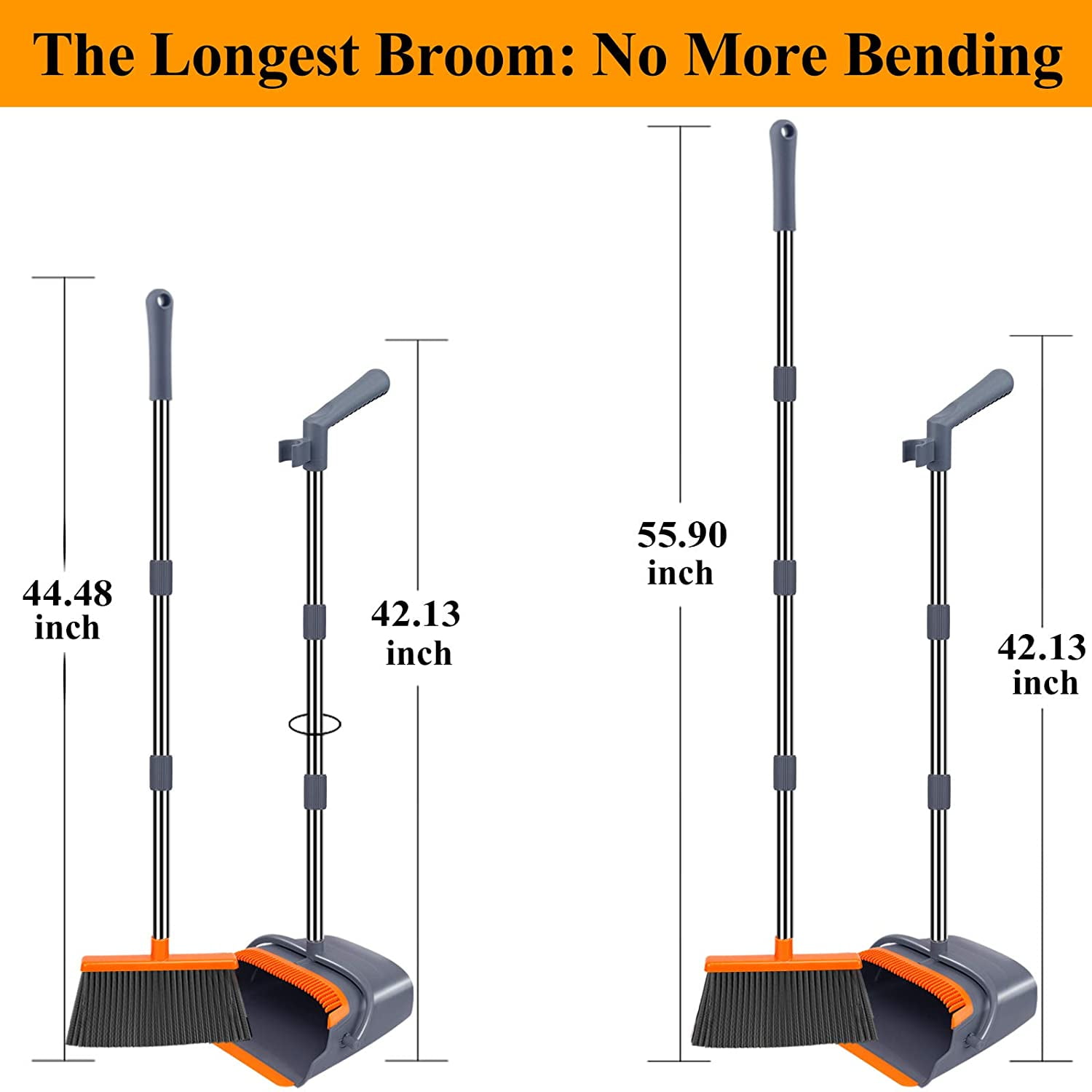 kelamayi Upgrade Broom and Dustpan Set Super Long Handle Upright Stand Up Broom and Dustpan Set Gray&Orange Ideal for Dog Cat Pets Home Use Self-Cleaning with Dustpan Teeth 