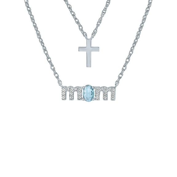 Ladies Brilliance Fine Jewelry Sterling Silver Plated Similated Blue Topaz & CZ Mom Cross Pendant, 18"