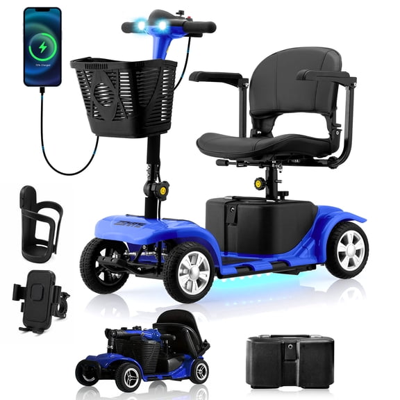 Arshin 4 Wheels Mobility Scooter with USB Port for Seniors,Electric Folding Wheelchair Device for Travel,Blue