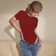 thumbnail image 3 of Balery Maroon Body de cuello redondo de manga corta para mujer Tops de manga corta Tops básicos-Medium, 3 of 7