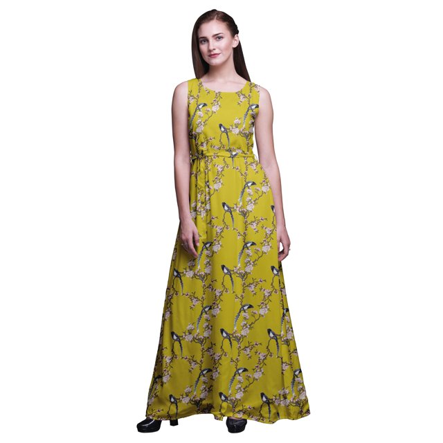 Bimba Robe Longue Maxi Sans Manches pour Femmes à Imprimé d'Oiseaux Style Chic - X-Grand