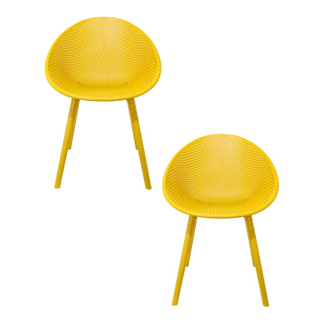 juego 2 sillas galerias el triunfo plástico amarilla con respaldo diseño huevo dos sillas de plástico amarillo con respaldo en forma de huevo y patrón perforado en asiento y respaldo, patas cónicas inclinadas; vista frontal/3/4 sobre fondo blanco, diseño versátil adecuado para interior y exterior, también suele usarse para terrazas o espacios de descanso informales.