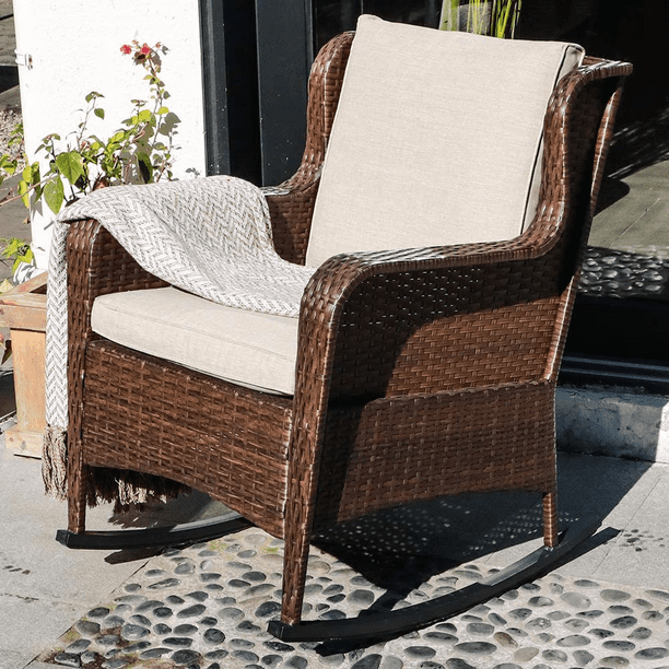 Patio Resin Wicker Rocking Chair with Cushions, Outdoor Furniture Club