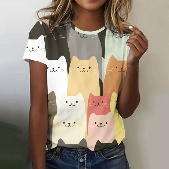QUNYINEY Cat Print Womens Tshirts Crew Neck Short Sleeve Casual Tops Cute Pullover Loose Shirts