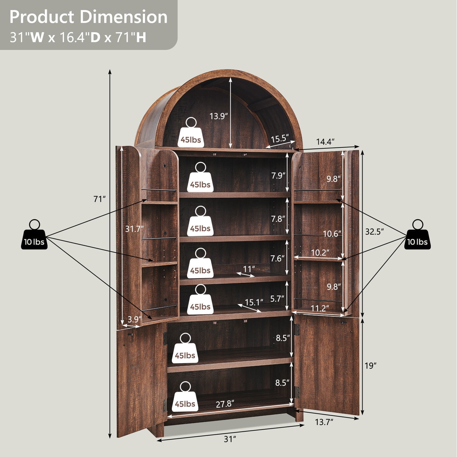 IFGET 71" Tall Arched Kitchen Pantry Storage Cabinet, Large Storage Cabinet with Adjustable Shelves, Pantry Cabinet for Kitchen, Dining Room
