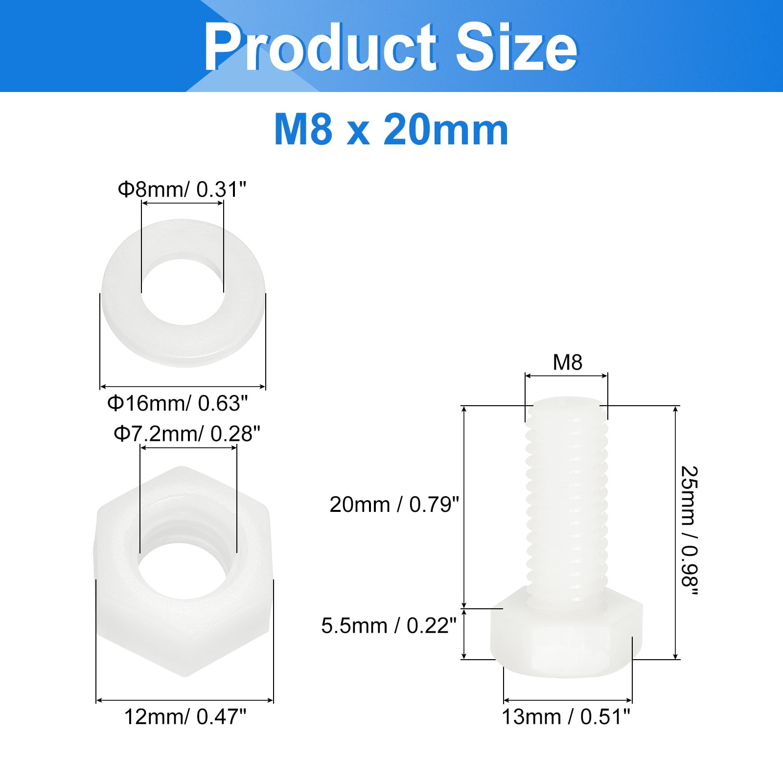 Uxcell 300 Pack/100 Sets Nylon Hex Bolts, M8 x 20mm Plastic Full Threaded Hex Head Screws Bolts and Nuts with Flat Washers for Machinery Electronics Industrial Accessories, White