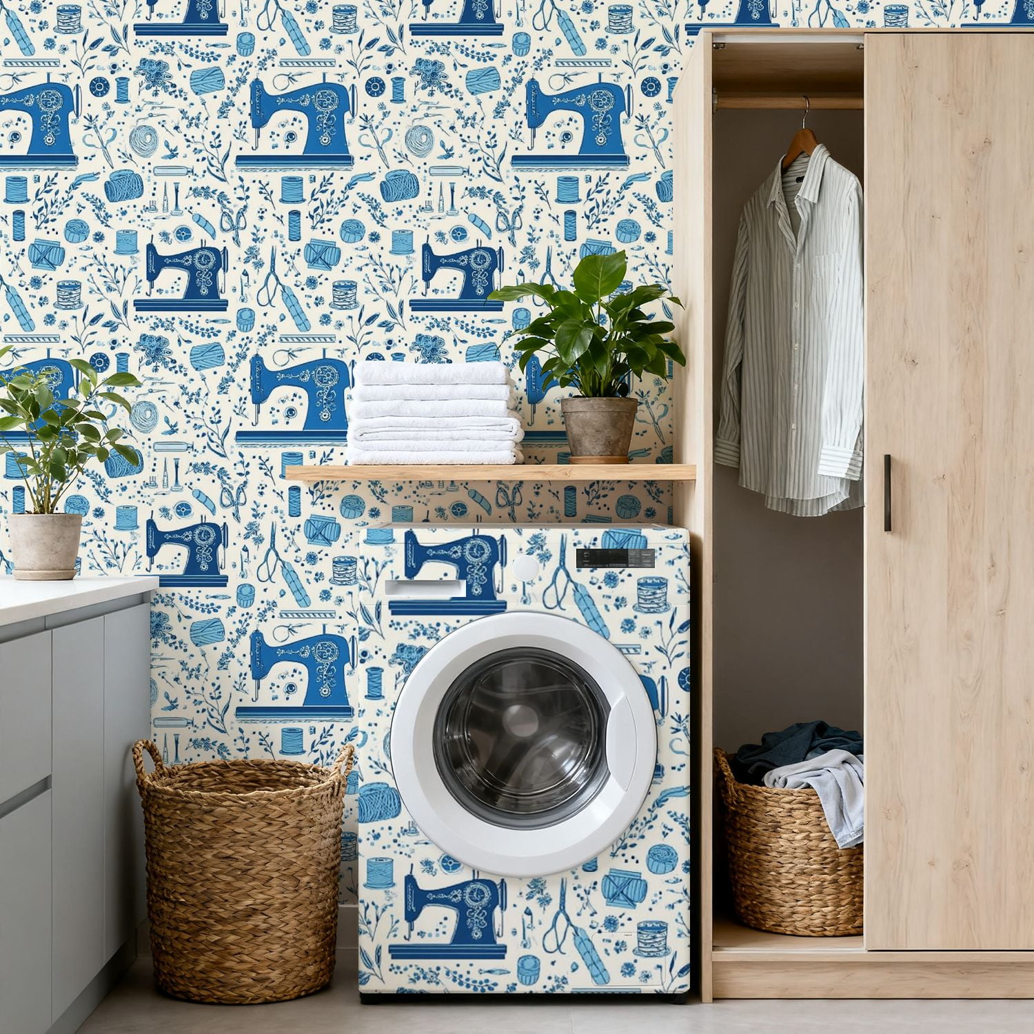 Peel and Stick Wallpaper 17.7in x 9.8ft Blue White Seamless Sewing Vintage Machines Notions Contact Paper Vinyl Self-Adhesive Removable Wall Paper for Bedroom DIY Home Decor Renter Friendly
