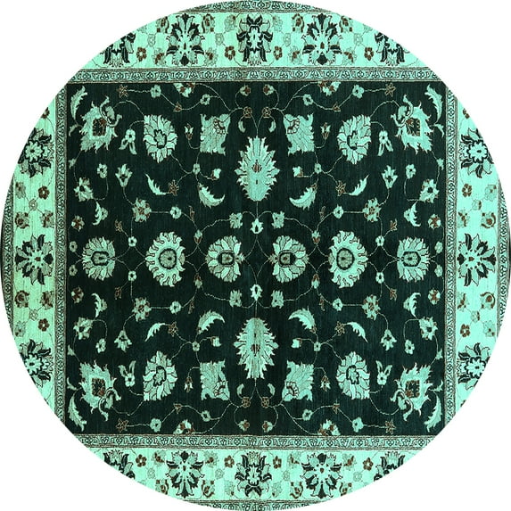 Ahgly Company Machine Washable Indoor Round Oriental Turquoise Blue Traditional Area Rugs, 7' Round