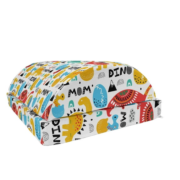 Dinosaur Foot Rest, Pattern of Newborn and Mom Dinos Palms and Eggs Doodle Style with Typography, Non-Slip Backing Adjustable Ergonomic Memory Foam Leg Support for Office, Multicolor, by Ambesonne