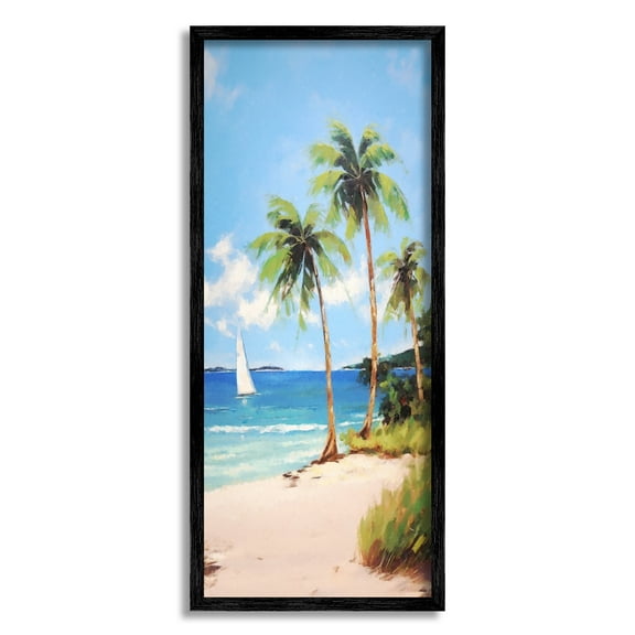 Stupell Industries Palm Trees & Sailboat Landscape Painting Black Framed Art Print Wall Art, 10 x 24