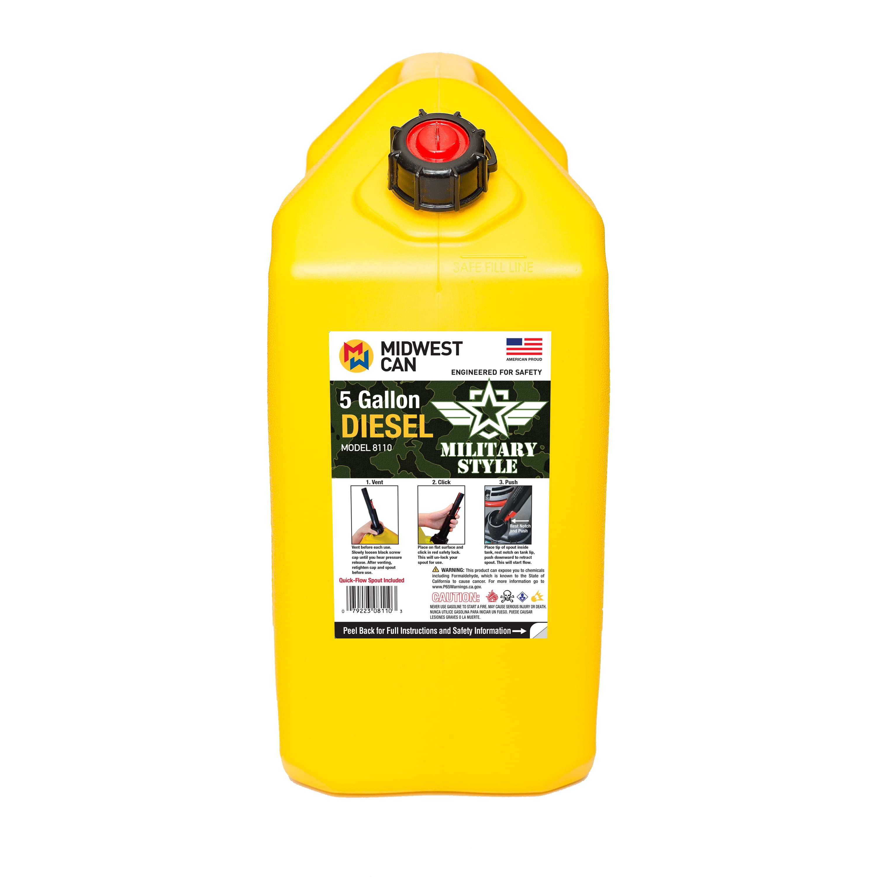Midwest Can 8110 Plastic Jerry Can 5 Gallon Diesel Capacity, Military Style Diesel Container, Yellow