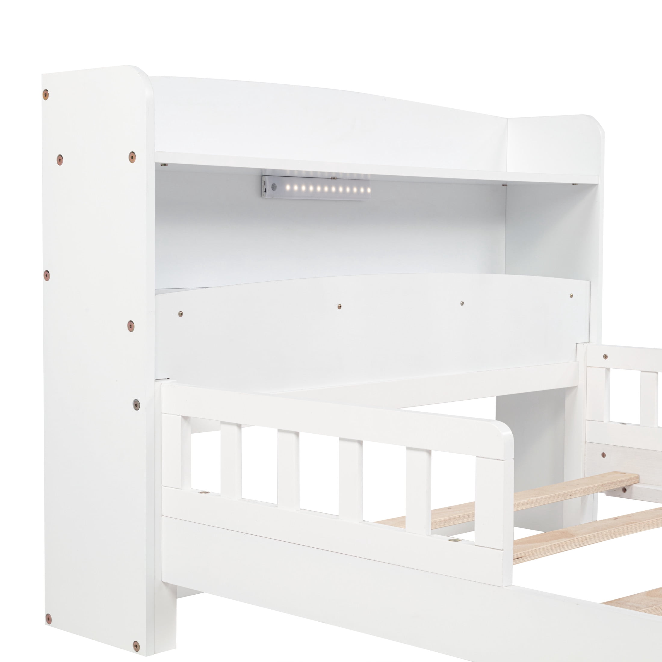 Noble House Strong Twin Bed, Pine Wood Frame with Bookcase Headboard, Guardrails & LED Motion Sensor Light, White