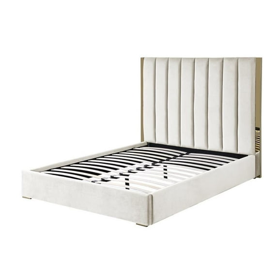 Pemberly Row Beige Velvet Queen Platform Bed with Gold Accents