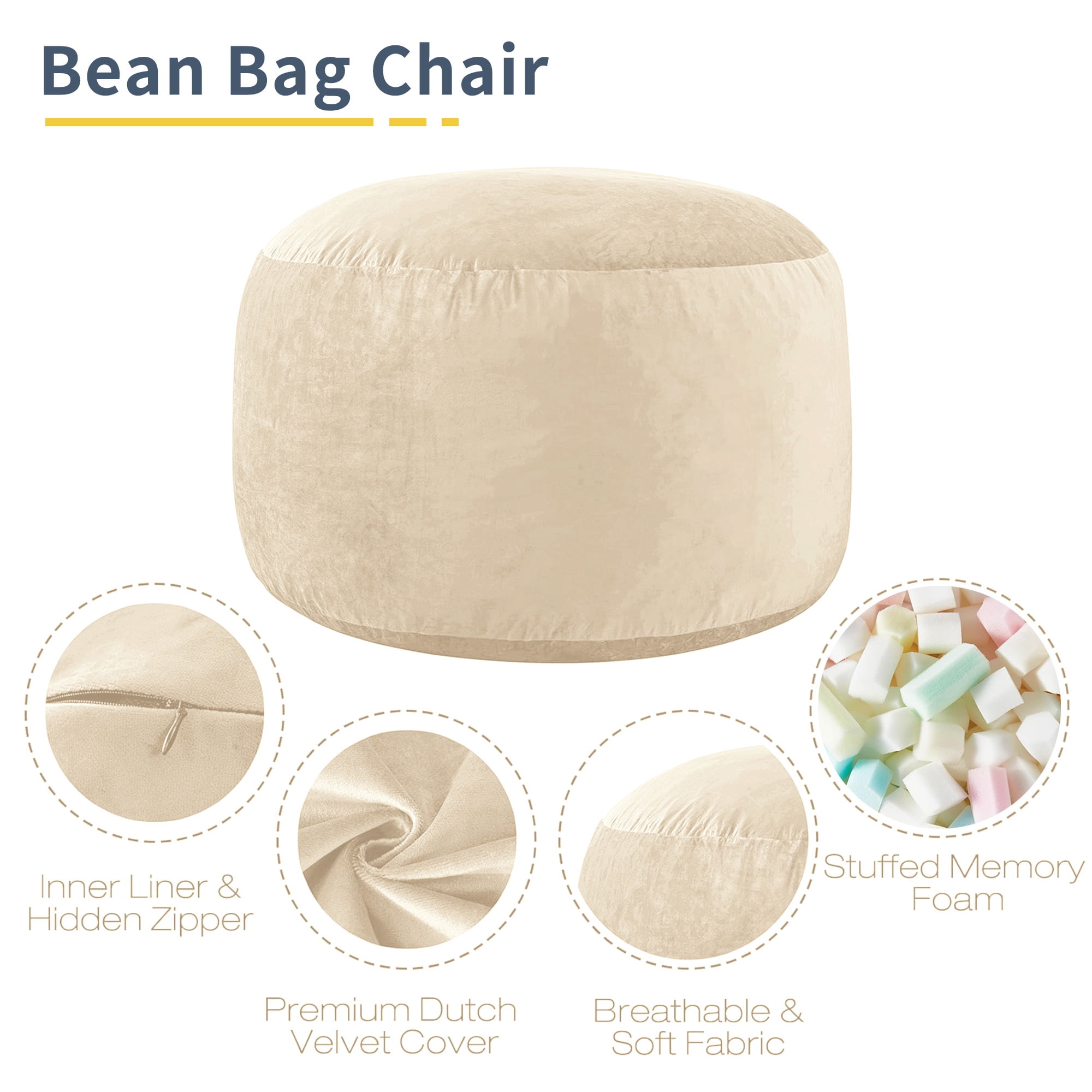 XIECUVA Bean Bag Chair Stuffed with Foam For Adults，Folding Beanbag Chairs Lounge Sofa Bed，Medium Size Memory Foam Mattress，3 ft