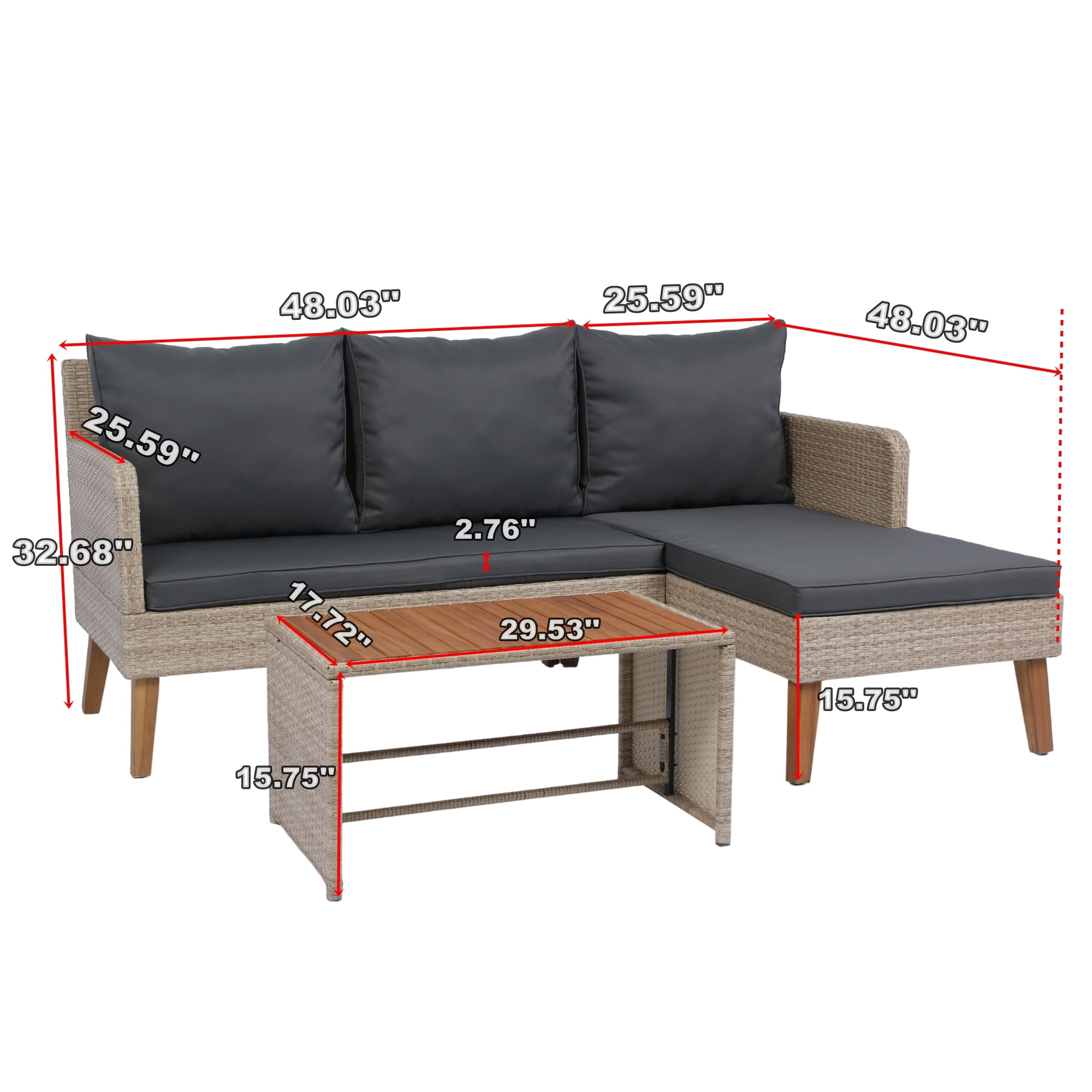 3 Pieces Patio Furniture Set,Outdoor Wicker Rattan Sectional L- Shaped Sofa with Ottoman,Wicker Conversation Set with Coffee Table for Backyard Poolside,Yellow Wicker + Dark Grey Cushion