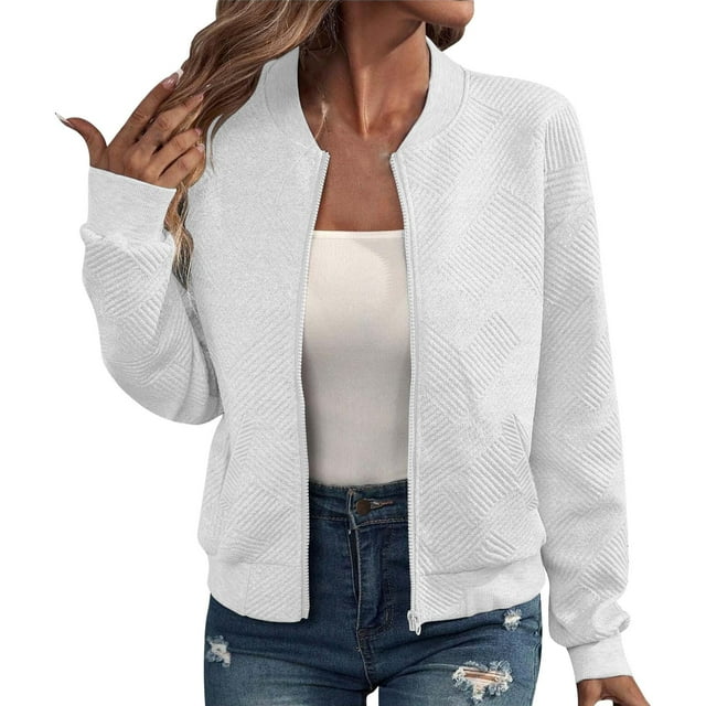 Women's Lightweight Full Zip Cropped Jacket, Spring Autumn Transition Long Sleeve Coat with Pockets, Soft Breathable Air Layer Fabric for Athletic Workout, Sport, and Casual Daily Wear WhiteXL