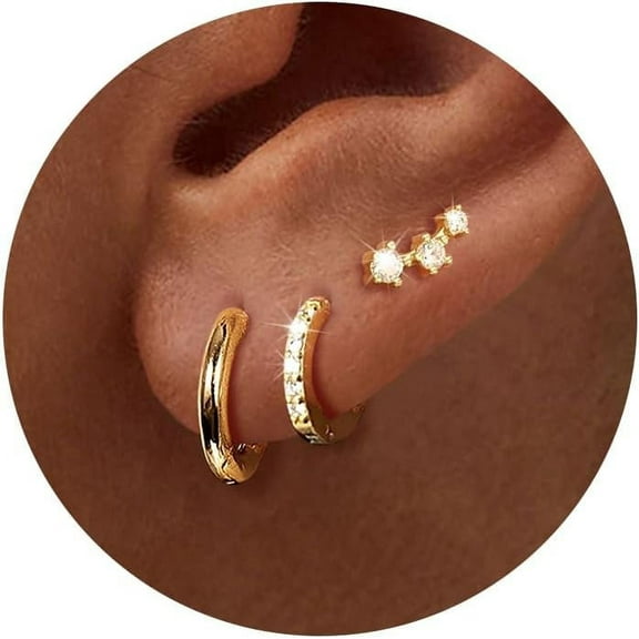 3 Pairs Gold Hoop Earrings Set: Dainty Stud Earrings Trendy Small 14K Gold Plated Hypoallergenic Dangle Cartilage Huggie Hoop Earrings for Women Gold Jewelry for Women Gifts