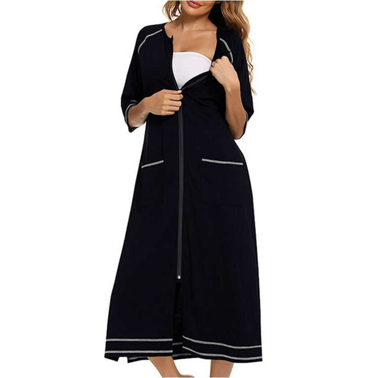 TMOYZQ Women's Zipper Up Robe, 3/4 Sleeves, Full Length Nightgown