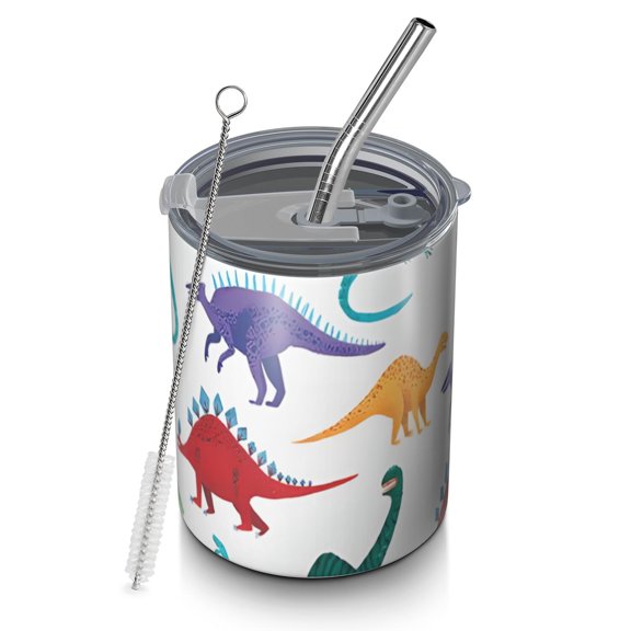 12oz Coffee Tumblers Colorful Cartoon Dinosaurs Pattern Stainless Steel Vacuum Insulated Travel Tumbler Coffee Cups Mug with Lid and Straw with Cleaning Brush for Cold & Hot Drinks
