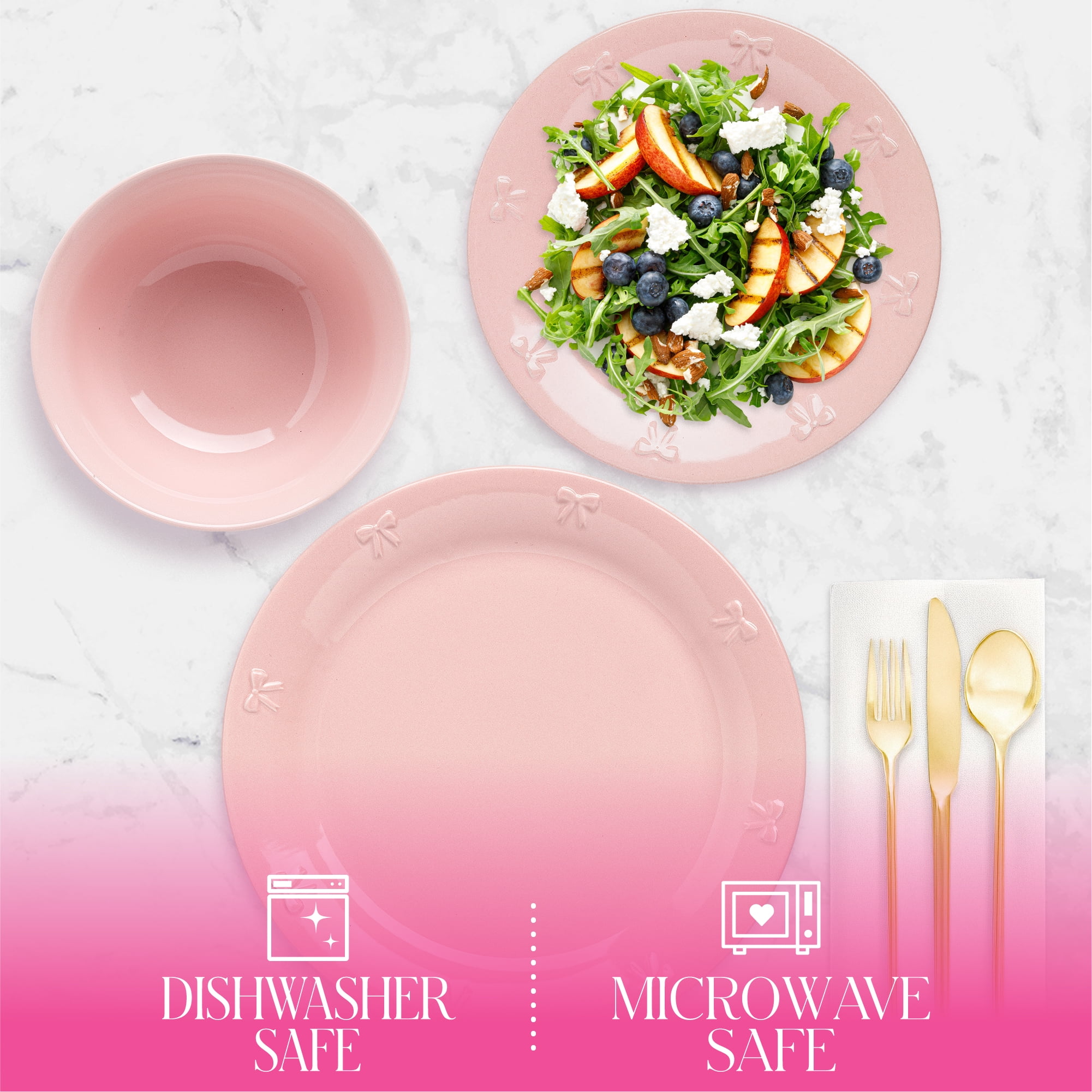 Paris Hilton London Collection 12-Piece Stoneware Dinnerware Set, Plates & Bowls Dish Set, Service for 4, Microwave & Dishwasher Safe, Blush Pink with Bow Design