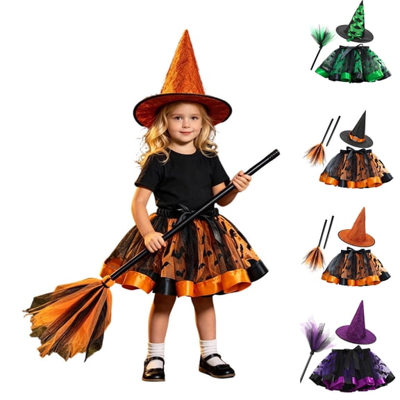 Witch Kids Tutu Skirt Hats Witch Set Girl Halloween Outfit Dress Party Girl Size 2-7 Years