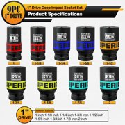 9 Piece 1 Drive Deep Impact Socket Set, 1 Inch - 2 Inch, SAE, 6-Point Design, Heavy Duty CR-MO, Truck Tire Service, Mechanical Equipment Maintance
