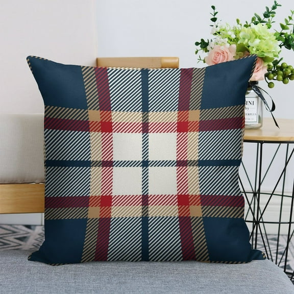 Blue Red And Beige Tartan Plaid Linen Throw Pillow Covers 18"x18" Decorative Cushion Cases with Hidden Zipper for Sofa, Couch, Bed, Living Room–No Insert Made in USA