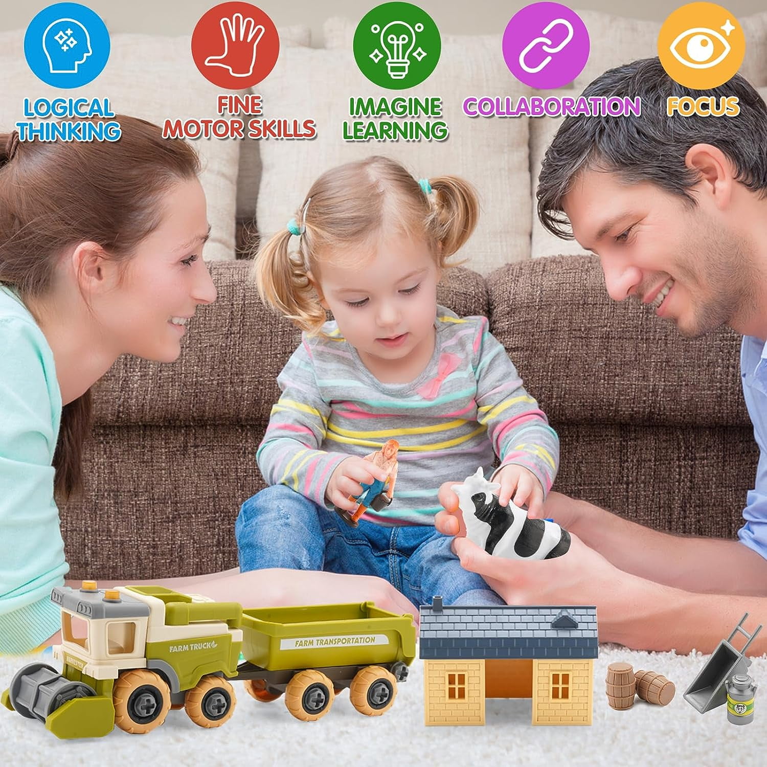 Toddler Toys Farm Animal Toys for 3 4 5 Year Old Boys Girls - Take Apart Vehicle Combine Harvester with Trailer for Kids Age 1-3 3-5, Educational Pretend Toys Playsets Christmas Birthday Gifts