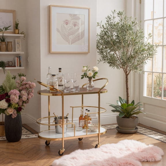 Antalya Bar Cart Multicolor Serving Cart, Modern Style, Mango Wood, Natural Marble oval shape tabletop, Iron, Indoor Bar