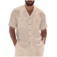 thumbnail image 3 of TAGOLD Mens Summer Short Sleeve Turndown collar Blouse & Shirt Solid Color Linen Multi Pocket Top, 3 of 5