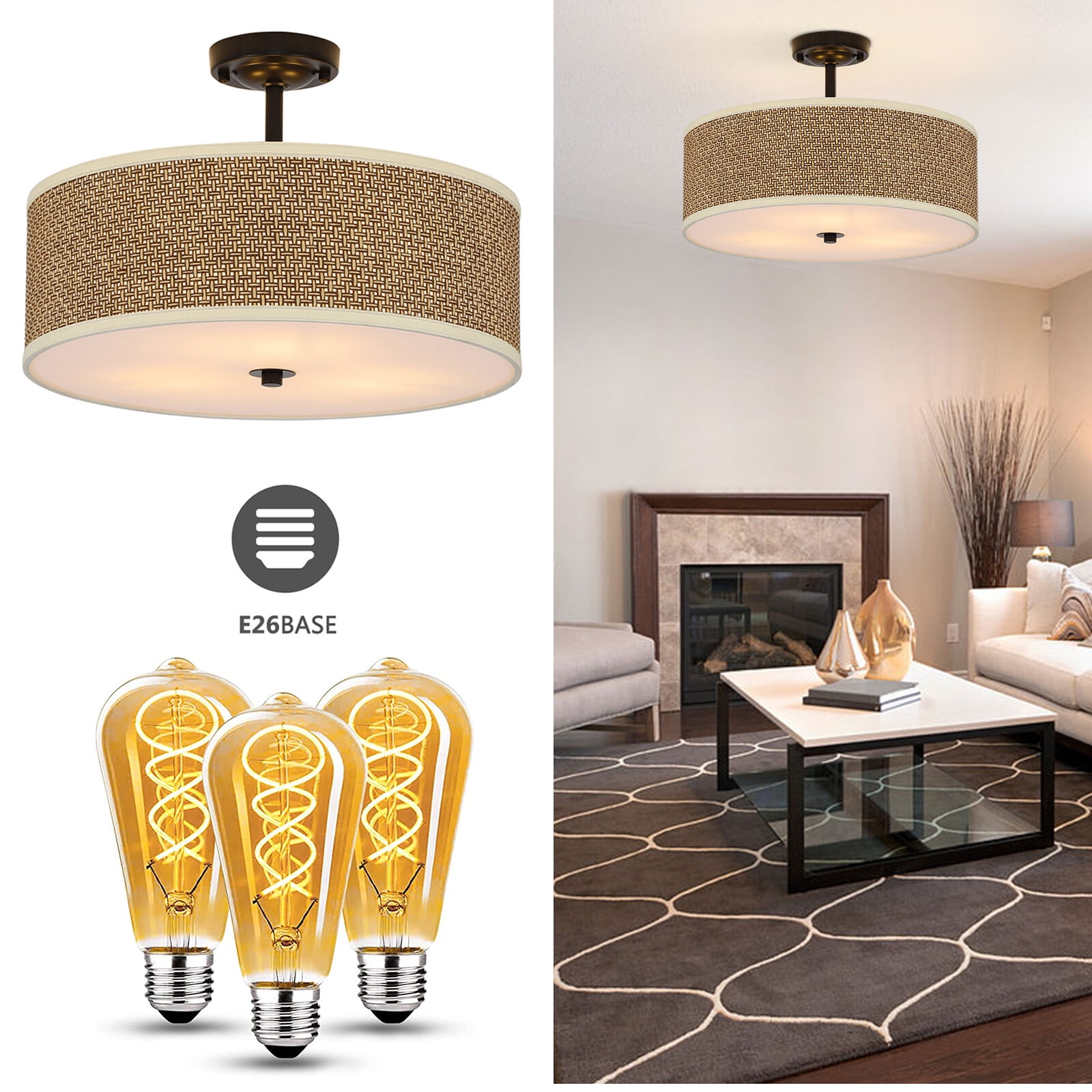 TFCFL Modern Rattan Semi Flush Ceiling Light Hanging Lamp Fixture For Living Dinning Room