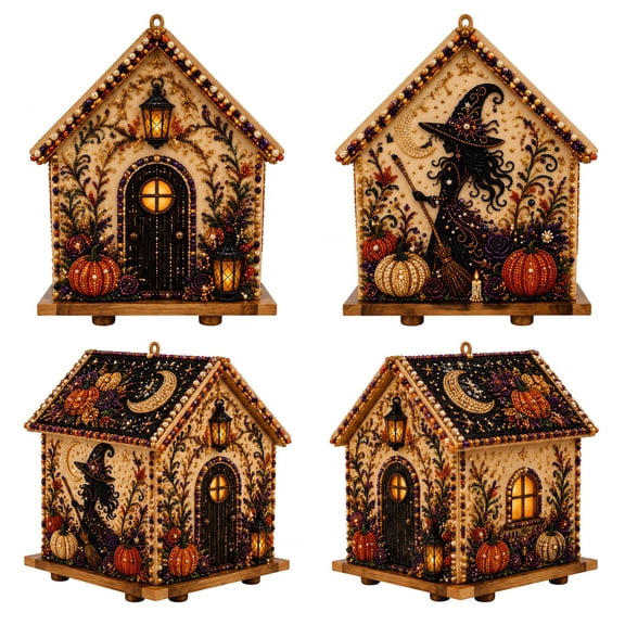 Halloween Wooden House 3D Rhinestone Diamond Art DIY Kit Pearl Bead Craft, Spooky Haunted Cottage Tabletop Decor, 5.7in