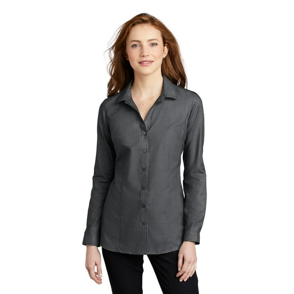 Port Authority Adult Female Women Pincheck Shirt Black/Grey Stl X-Small