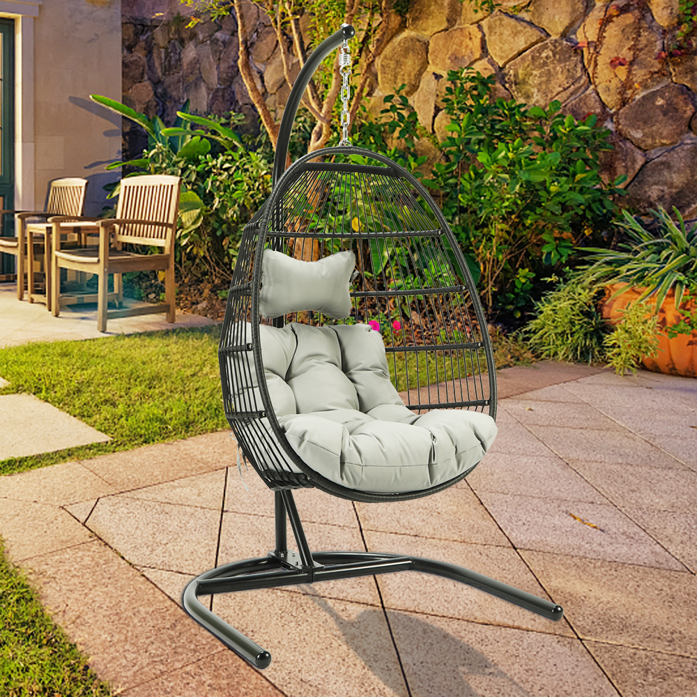 uhomepro Outdoor Egg Chair Patio Furniture, Hanging Wicker Egg Chair with Stand, Hammock Chair, Swinging Egg Chair, Swing Chair for Beach, Backyard, Balcony, Lawn Seating, Light Gray Cushion, W11049 - image 4 of 11