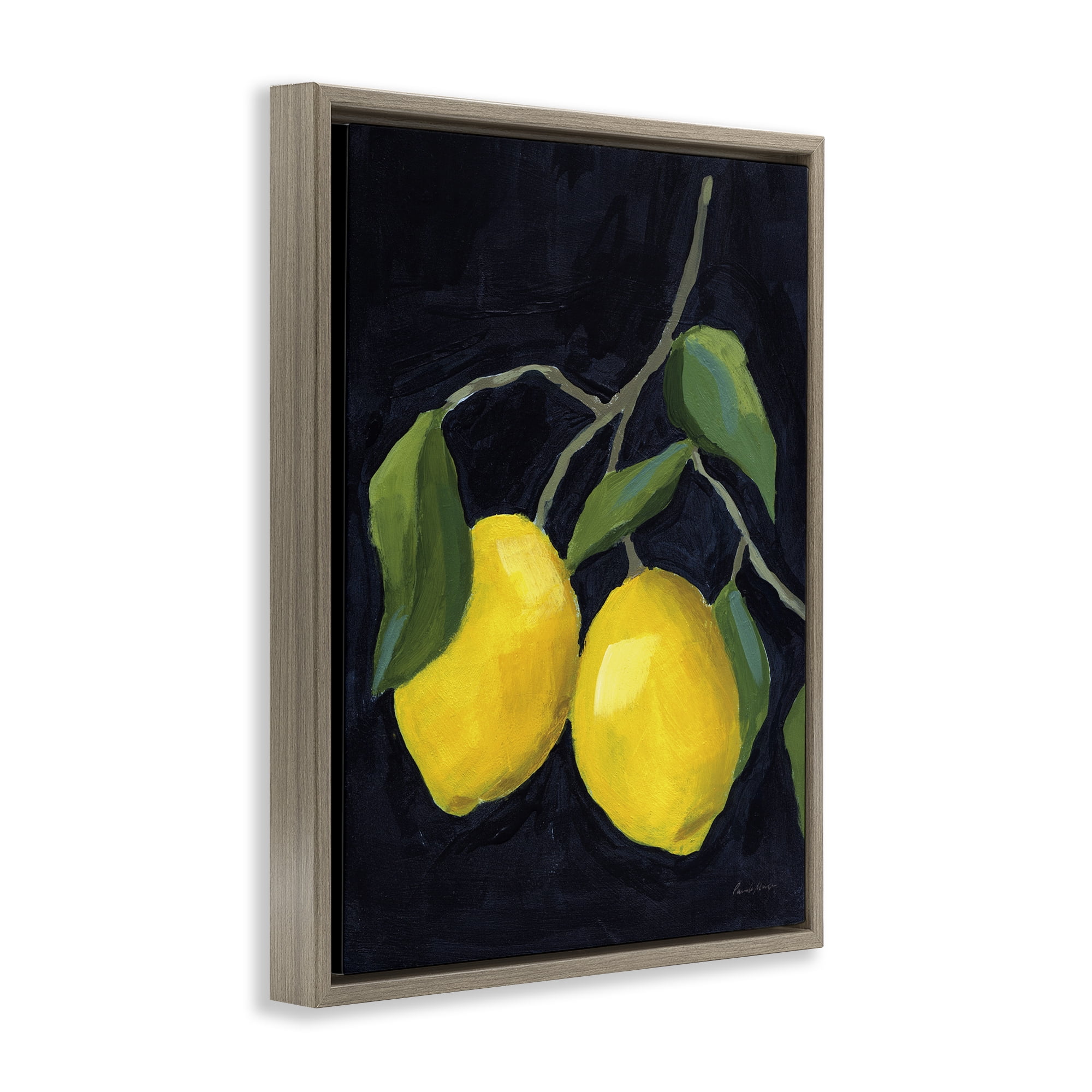 Stupell Industries Two Lemons on Black Food & Beverage Painting Brown Floater Framed Art Print Wall Art, 25 x 31