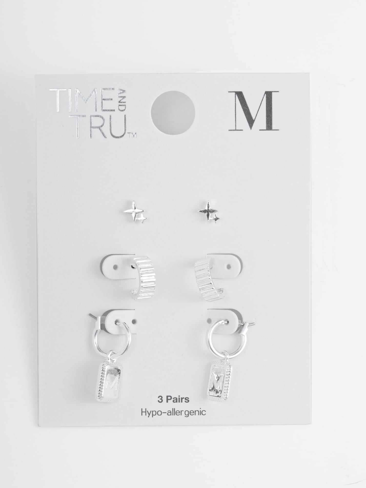 Time and Tru Women's Silvertone Multi Earring Set, 3 Pairs, Initial M