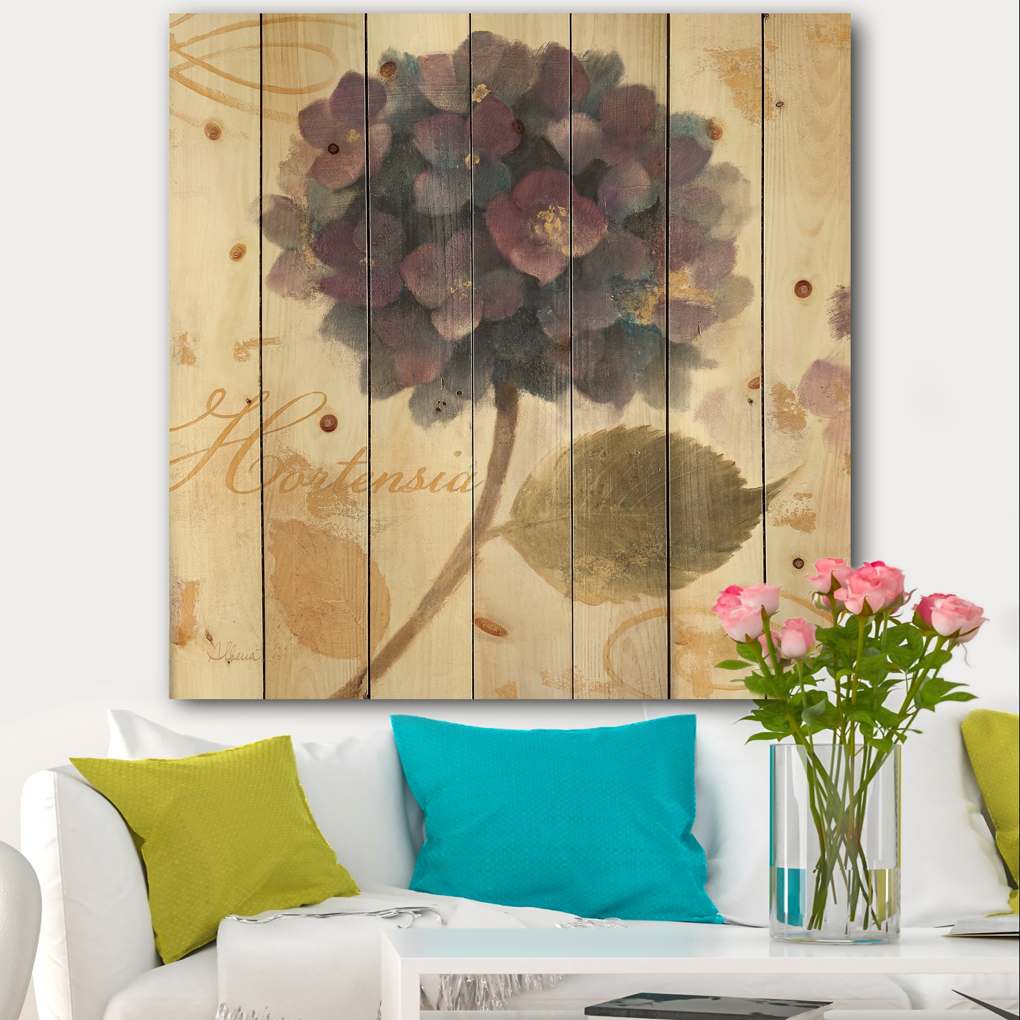 Designart 'Abundant Purple Hydrangea Flower I' Floral Cottage Print on Natural Pine Wood